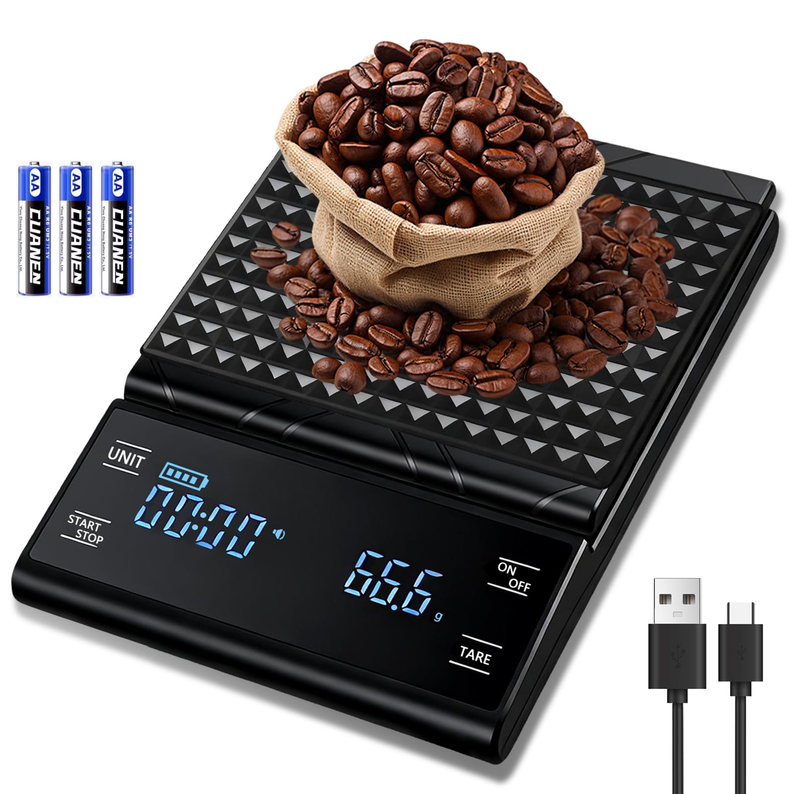 Coffee Scale High Precision 3kg/0.1g Coffee Scale with Timer Food Scale Kitchen Scale Backlit LCD for Espresso, Pour Over & Drip Brewing,Coffee Bar Accessories Rechargeable Includes Batteries(Black) A10US_DZCCD007-DH-E70-BK_1