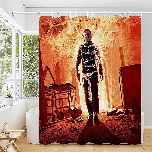 Miniatura 3 de Cortina de ducha de decoración de Halloween para Michael Myers Walking through Flame, 72 x 72 pulgadas con 10 ganchos de plástico, incluye adhesivo