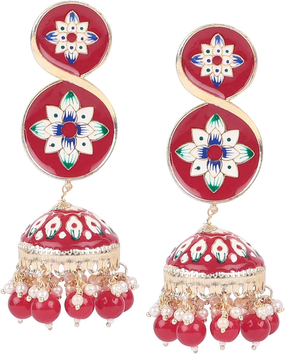 Dhiraa Red Meenakari and Motif Jhumki Earrings for Women