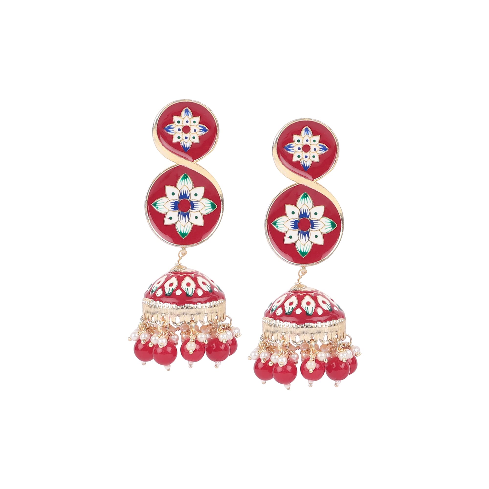 Dhiraa Red Meenakari and Motif Jhumki Earrings for Women
