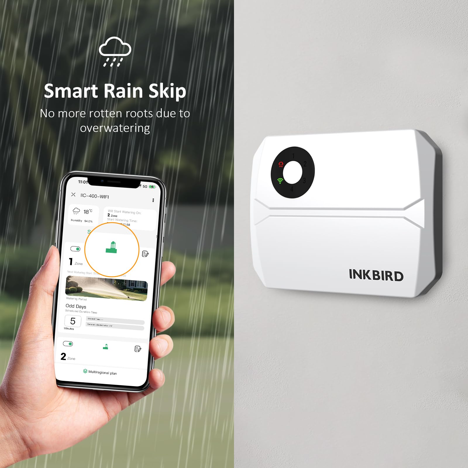 Inkbird IIC-400 Programador Riego Wifi 4 Zonas,Riego Automatico para Jardín,Temporizador de Riego Wifi,Memoria no Volátil Integrada,APP Control,Sensor de Lluvia Compatible,Ajuste Estacional