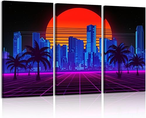 3 Piece Canvas Wall Art Prints Picture Retro wave synthwave vaporwave skyline scenery landscape Framed Wall Painting Modern Artwork Poster Home