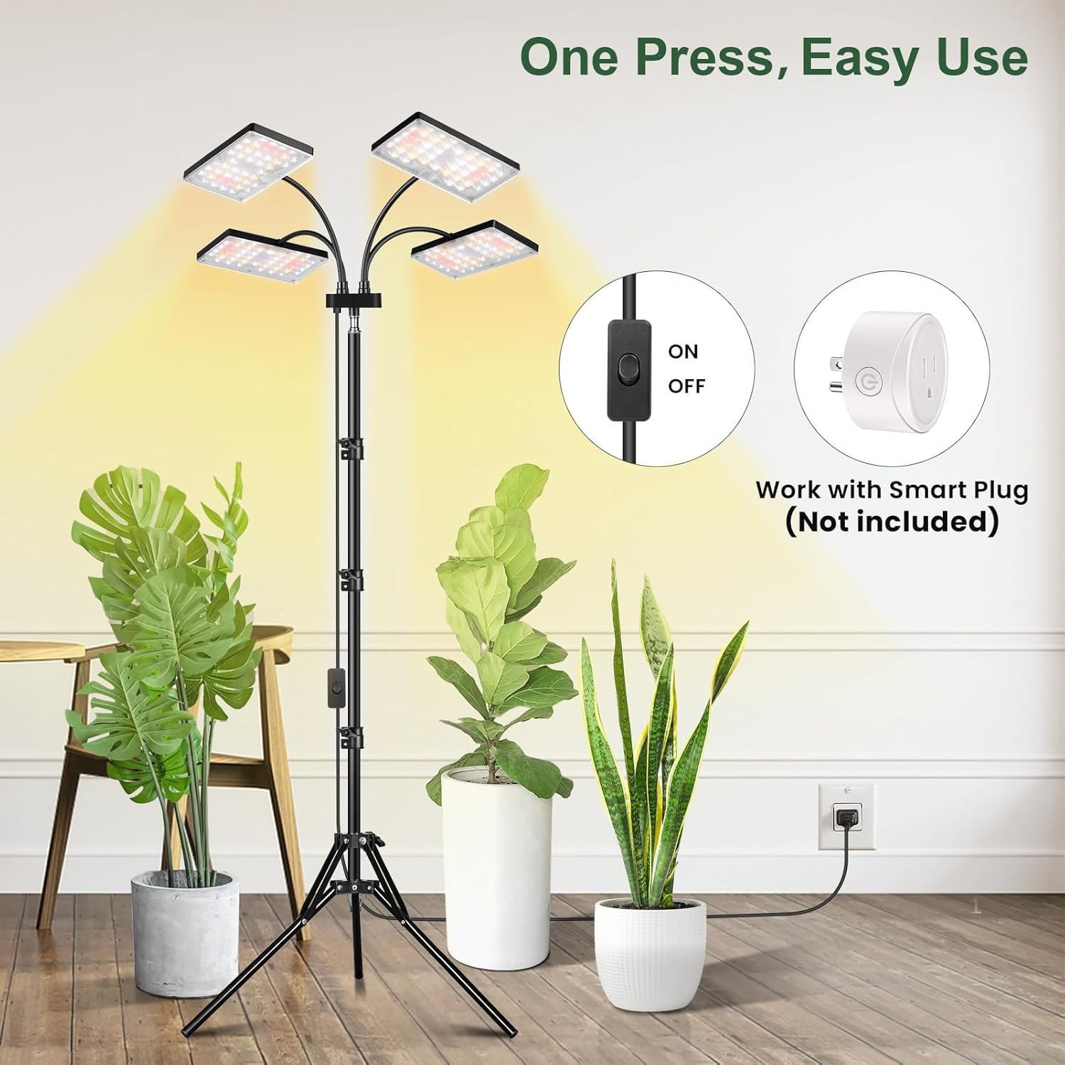 LBW Grow Light for Indoor Plants, Quad-Head Standing Plant Light, Full Spectrum, Wide Coverage, 63” Adjustable Height, Plug & Play