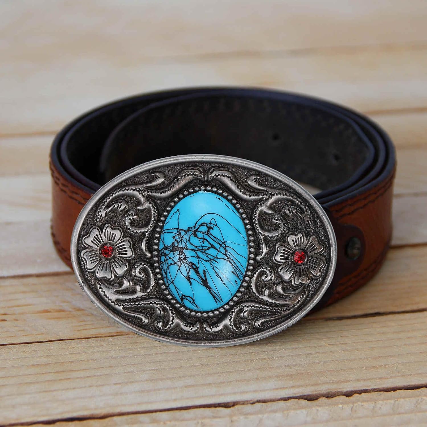 MECCANIXITY Western Belt Buckle for Men, Big Turquoise Belt Buckle for Women Mens Cowboy, the Tang Dynasty Grass Pattern - Image 4