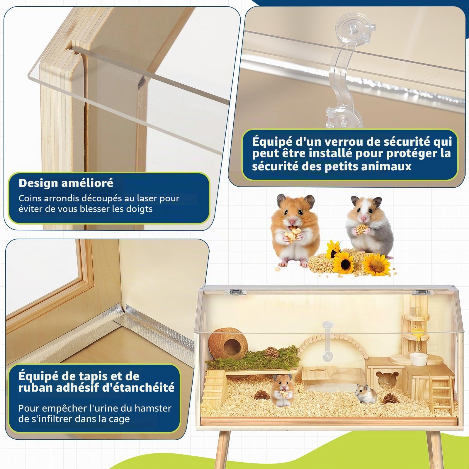 Cage en Bois pour Petits Animaux avec Pieds – Habitat ventilé, fenêtre Acrylique, Toit ouvrant, Anti-Rongeur, Petite Taille 81,28x40,64x101,60cm – pour Hamster Nain, Gerbille, Rat