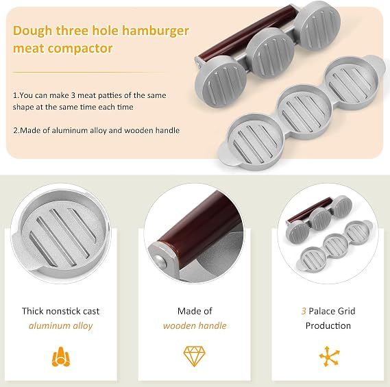 Mini Burger Press Small Meat Patty Maker with 200 or 300 Paper Round Shape Press Patty Maker for Mini Hamburger Barbecue Picnic Camping Three or Six 2.64 inch Mold (3 or 6 Slot)(silver-1-3 Cells)