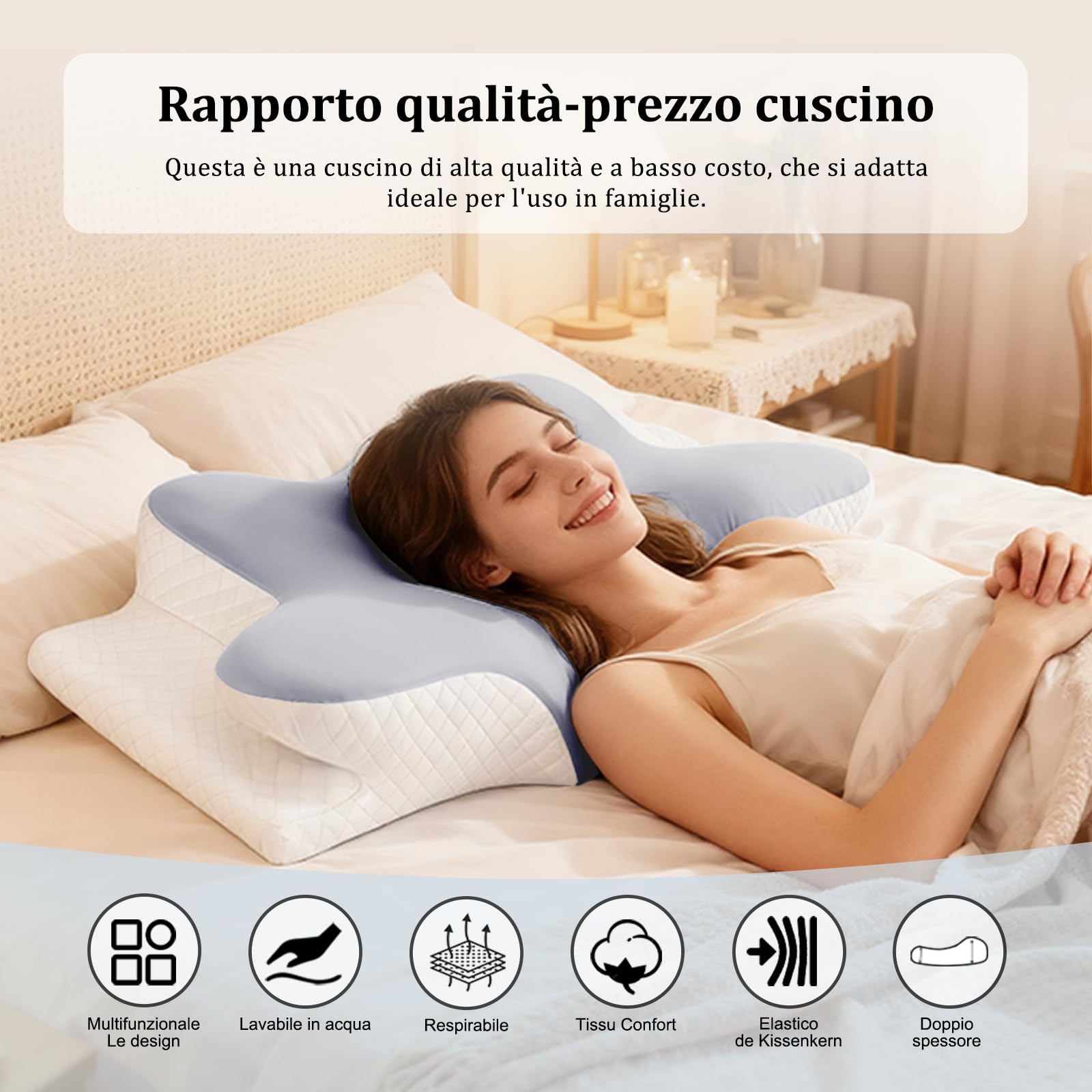 Infaebo Cuscino Cervicale Memory Foam Ergonomico, Cuscino Cervicale Ergonomico in Schiuma per Dormitori Laterali, Supini e Proni, 62x41x13/11 cm, Grigio