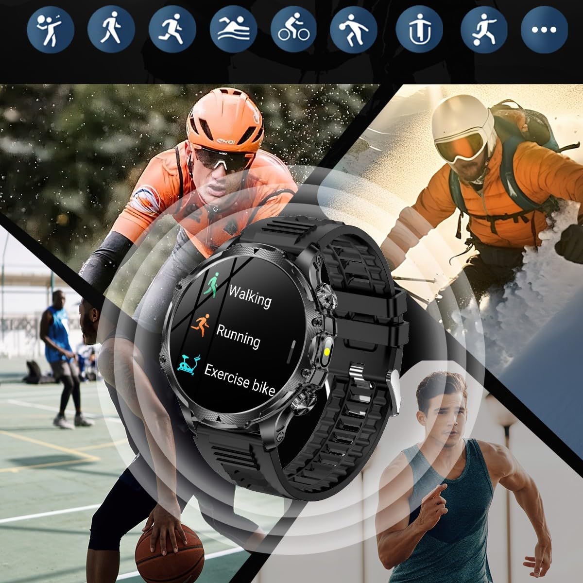 Smartwatch AK75 1.9" Bluetooth z rozmowami + słuchawki | Pulsometr, ciśnienie, SpO₂, 112 trybów sportowych, IP67, FitCloudPro, stalowa bransoleta i pasek silikonowy (czarny)