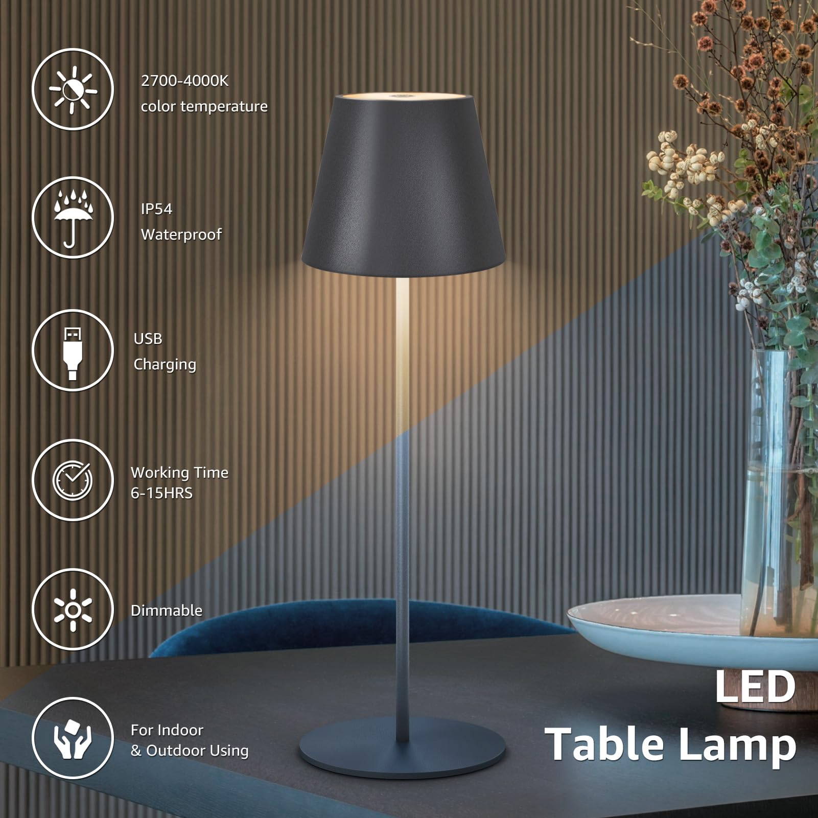 uuffoo 2X Dimmbare Tischlampe Kabellos Aus Metall LED Akku Tischlampe IP54 wasserdicht Tragbare Akkubetrieben Tischlampe für Schlafzimmer, Lesen, Arbeit, Bar, Restaurant.(Grau)