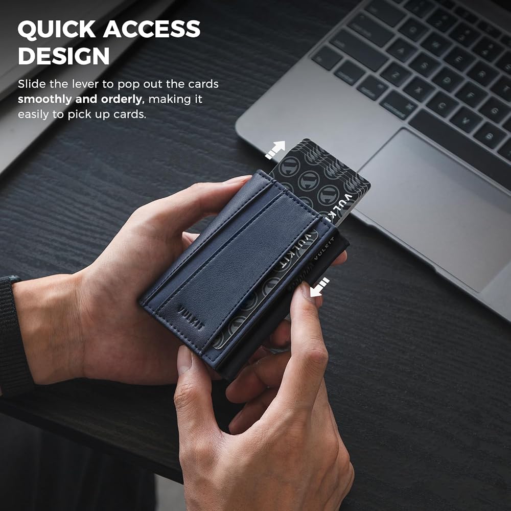 VULKIT Portafoglio Pop-Up Uomo Con Supporto AirTag E Blocco RFID - Portacarte In Metallo E Pelle Con Slot Per Banconote E Chiavi