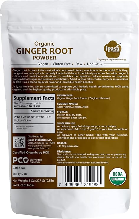 Iyasa Holistics Organic Ginger Root Powder 8oz - USDA Organic Zingiber Officinale Superfood Spice - Keto Friendly Ginger Seasoning for Smoothies, Baking, Tea & DIY Beauty Uses