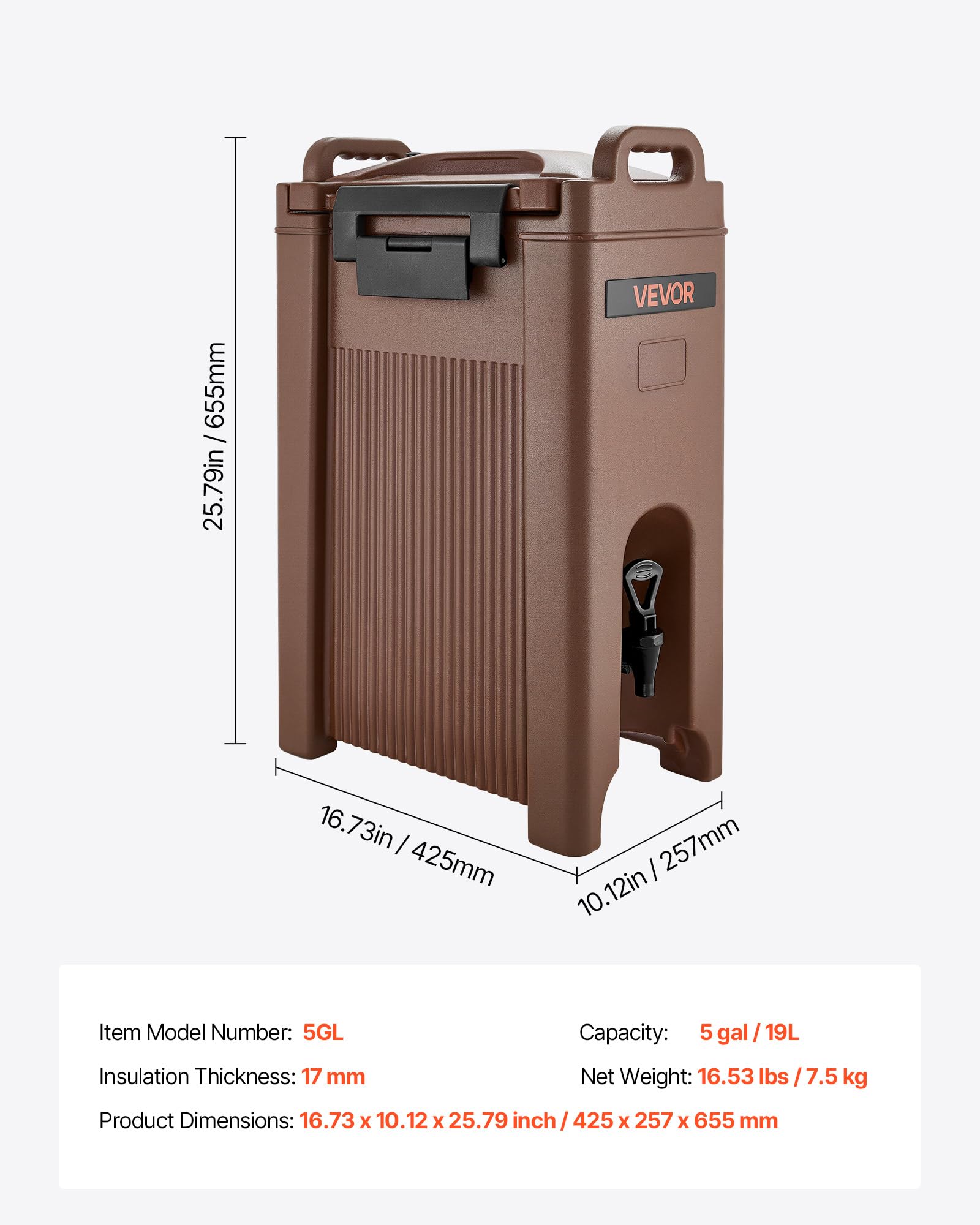 VEVOR Dispensador de Bebidas con Aislamiento, 19 L, con Grifo Antigoteo y Asa, Apto para Uso Alimentario, Ideal para Té, Café y Agua en Cafeterías y Restaurantes, Color Marrón, 425 x 257 x 655 mm