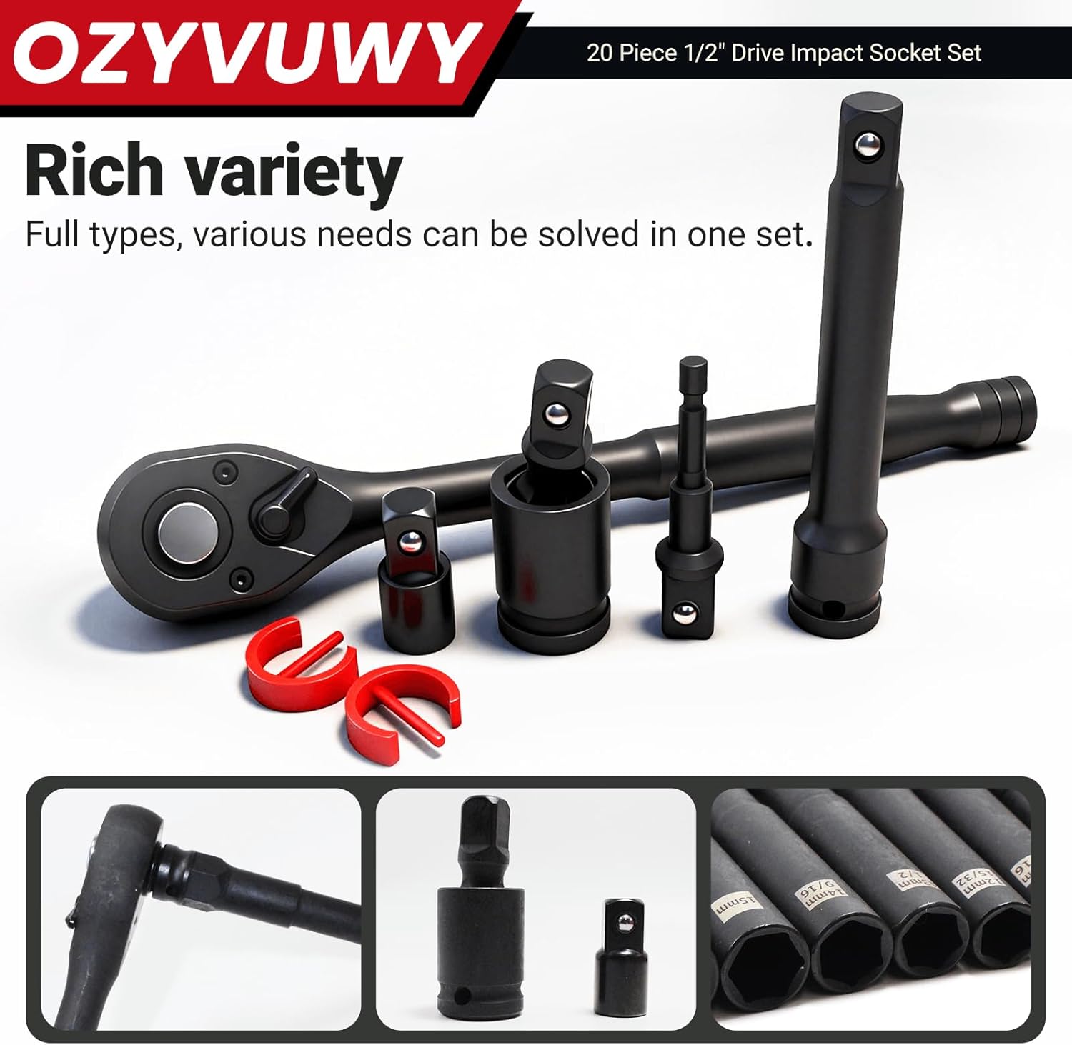 18-Piece 1/2" Drive Impact Socket Set, Heavy Duty Industrial-Grade Deep Sockets, with Impact Extension Bar,universal joint, and impact-resistant adapter, Cr-V Steel Corrosion-Resistant Coating