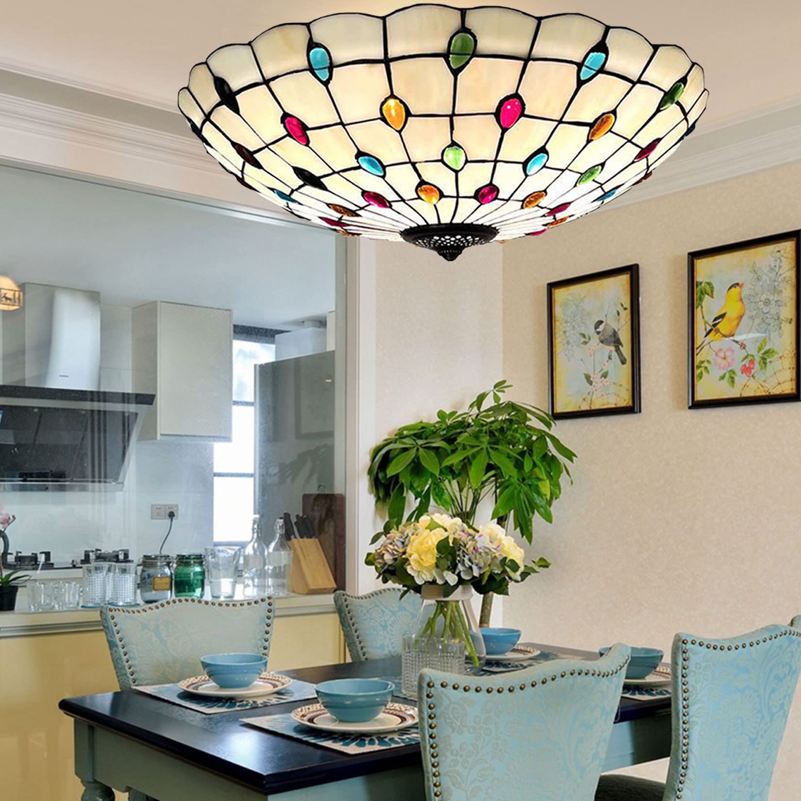 Aioneer Tiffany Ceiling Lights,Stained Glass Ceiling Light,Tiffany Flush Mount Ceiling Light For Bedroom Dining Living Room Entryway Foyer Hallway Kitchen,Mediterranean Ceiling L-Colorful-21in