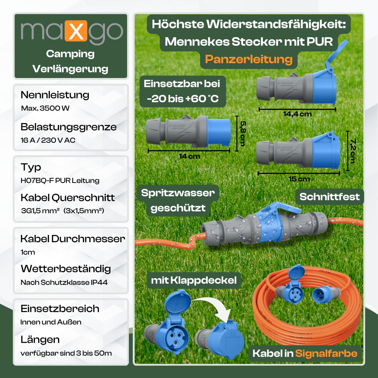 maxgo Camping Stromkabel 10m Wohnwagen Kabel Wohnmobil CEE Stecker Verlängerungskabel Orange 3x1,5 Campingkabel 10 Meter Strom Verlängerung H07BQ-F PUR Outdoor Mennekes