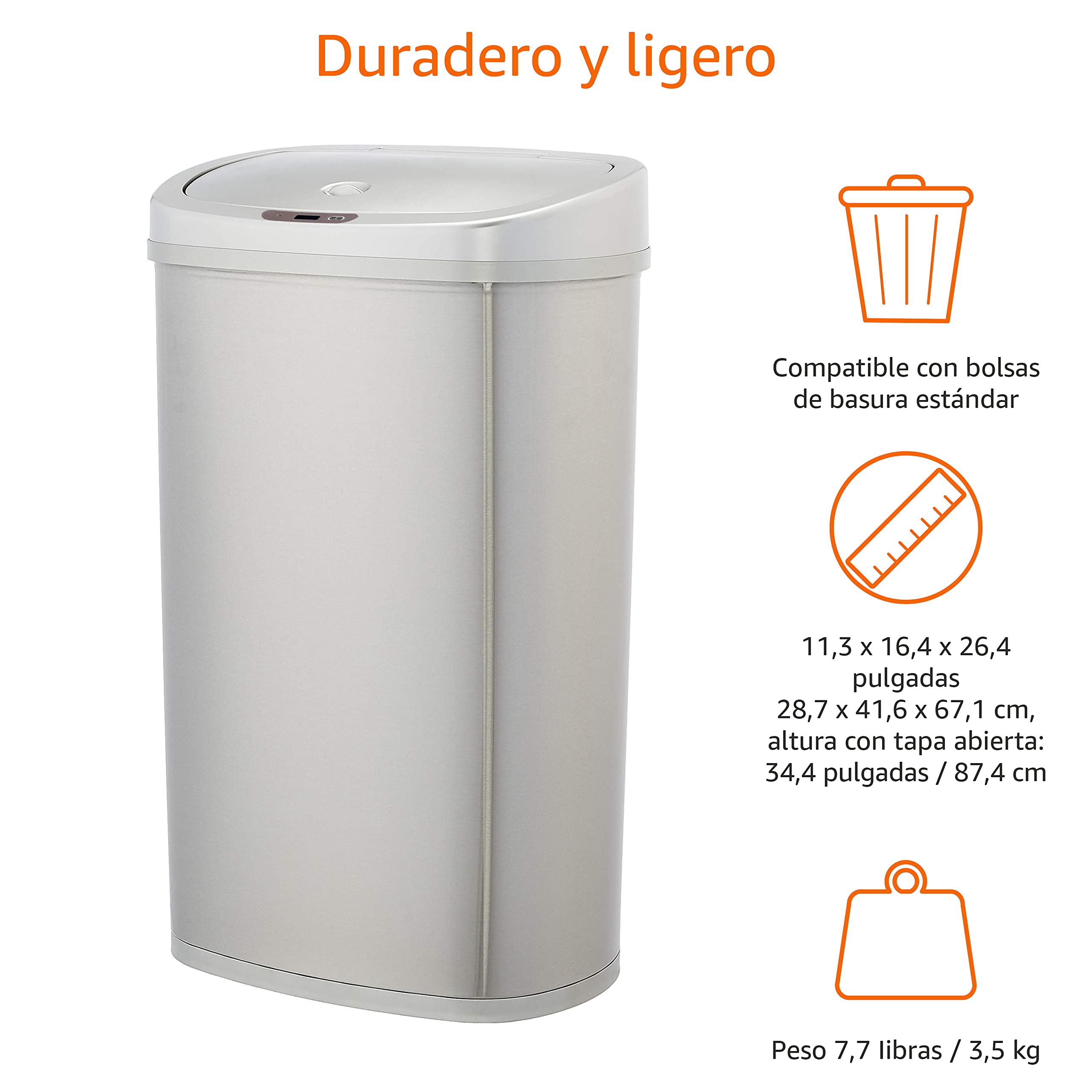 Amazon Basics Cubo de basura automático de acero inoxidable, metálico, rectangular, 50 litros