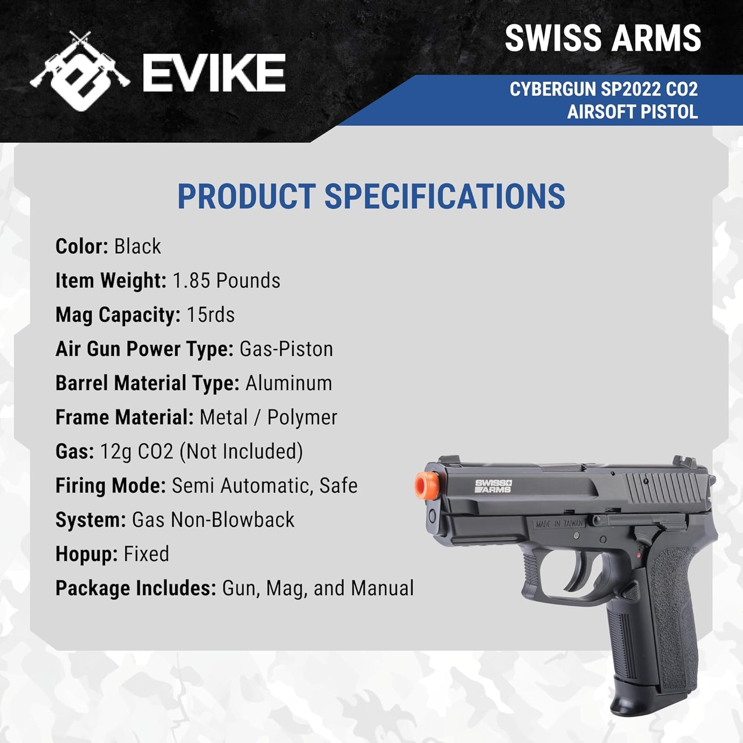 Evike x Cybergun Swiss Arms Licensed SP2022 Metal High Power CO2 Airsoft Gas Pistol