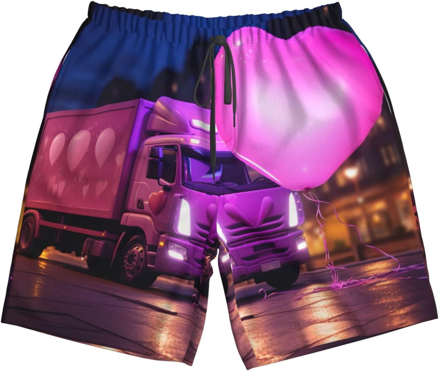 Romantic Truck Heart Balloon Print Mens Casual Shorts Drawstring Summer Beach Stretch Shorts Novelty Swimtrunks White