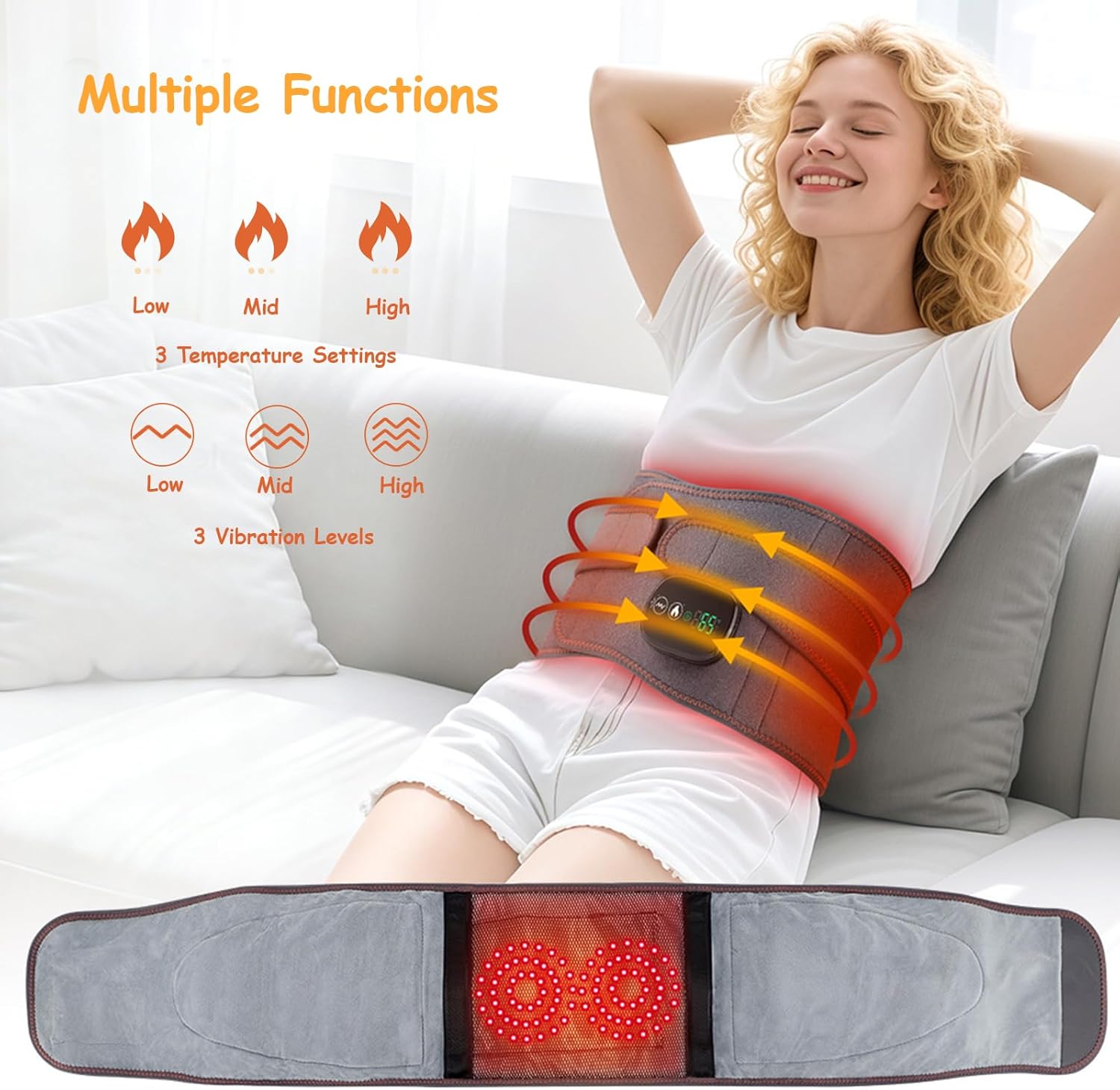 Electric Heating Pad with Massage, 3-Level Heating & Vibration for Lumbar Massager, 5000mAh Rechargeable, LED Controller, Portable Heating Pad for Lower Back Pain Relief, Gray