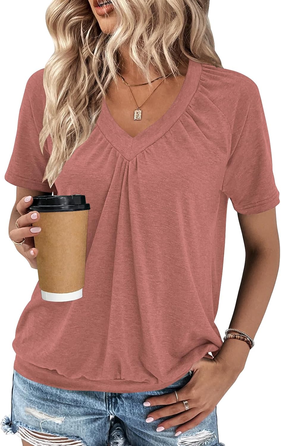 Gihgoew Summer Tops for Women 2025 Shorts Sleeve Womens Tops,V Neck Soft Casual Loose Fit Ruched Top T Shirts Tee Clothes