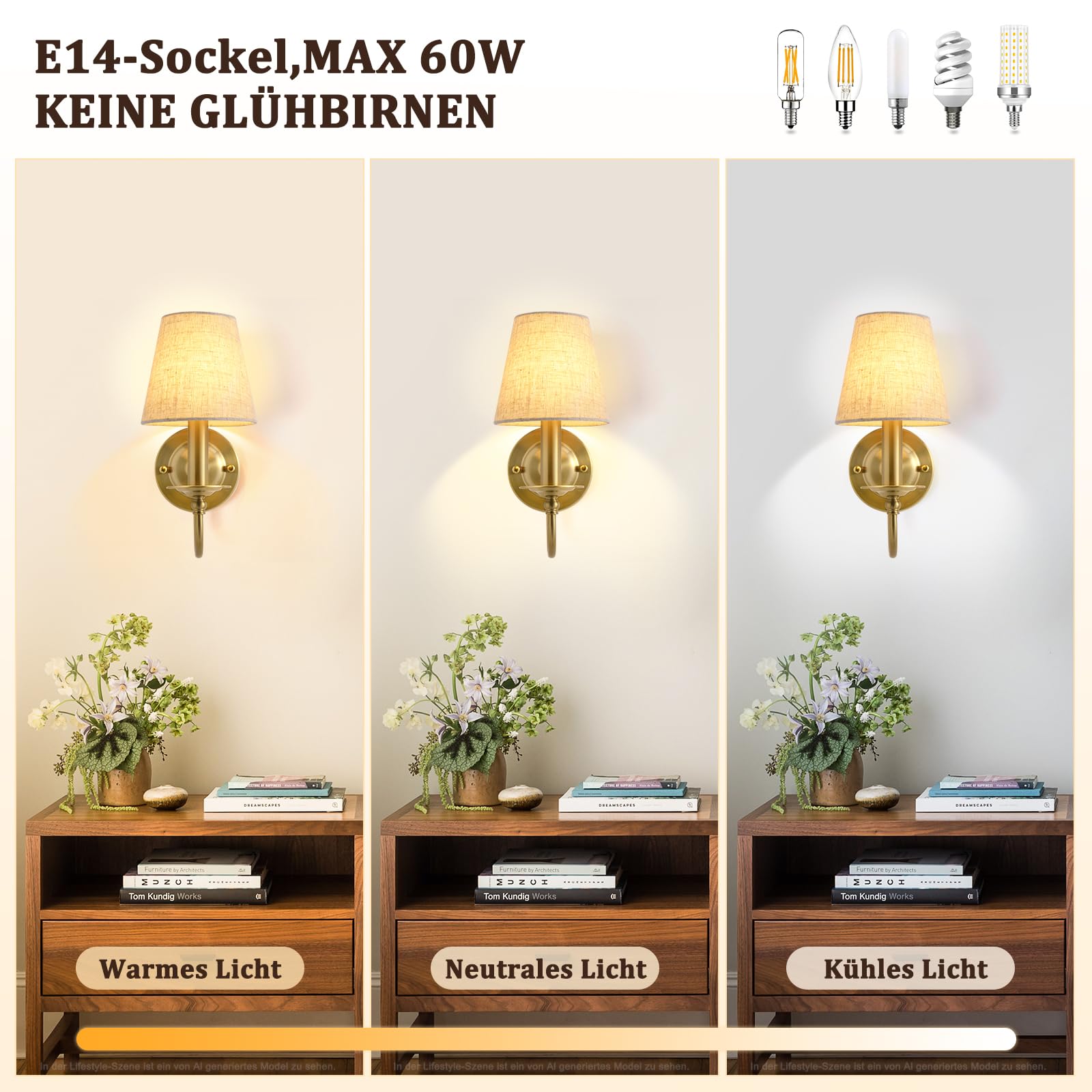Wandleuchte Gold, 2 Stück Wandlampe Innen, E14 Wandlampen Gold mit Stoffschirm, Wandleuchten Vintage Feste Verkabelung für Flur, Treppenhaus, Wohnzimmer, Schlafzimmer