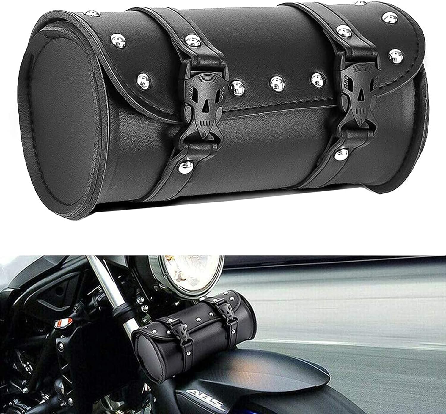 Motorcycle Handlebar Bag, Motorcycle Fork Tool Bag Motorcycle Tool Bag With 2 Straps PU Leather Black Universal for Motorcycle Front Forks Handlebar Sissybar Storage Bag 1