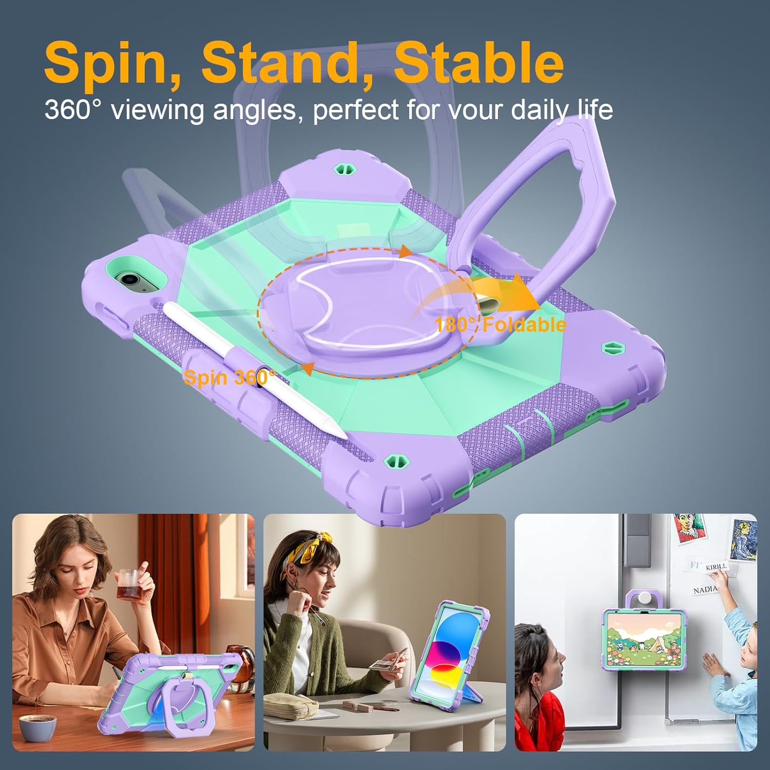 Case for iPad A16 11th Generation 11 Inch 2025, Auorld for iPad 10th Generation 10.9 inch 2022 case with Screen Protector, 360 Degree Rotating Stand Shoulder Strap Pencil Holder,Purple Mint