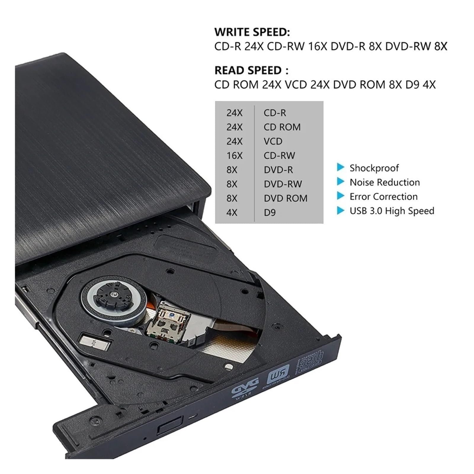 Lettore Dvd USB 3.0 Slim Esterno Dvd-RW Masterizzatore CD Masterizzatore Lettore Lettore unità Ottiche Lettore Dvd Rom Plug Play(Silver)
