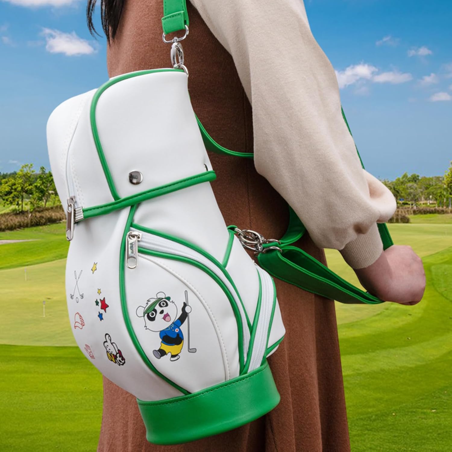 Golf Bags for Women, Mini Cute Panda Printed Golf Ball Storage Bag, Travel Golf Bag, PU Leather Portable Golf Ball Carry Bag Tee Holder for Training and Practicing