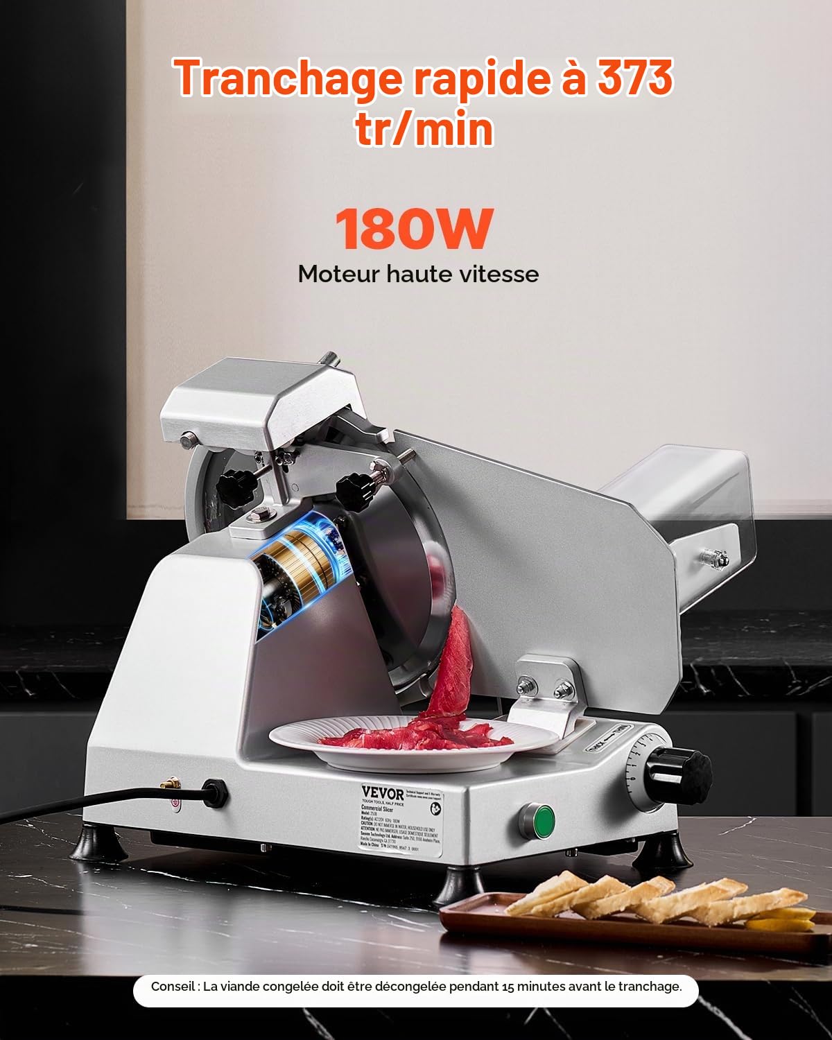 VEVOR Trancheuse à viande commerciale, 180 W, trancheuse électrique pour aliments de charcuterie, avec lame de qualité supérieure de 65 Mn, épaisseur réglable 0-10 mm, pour viande, pain dur, fromage