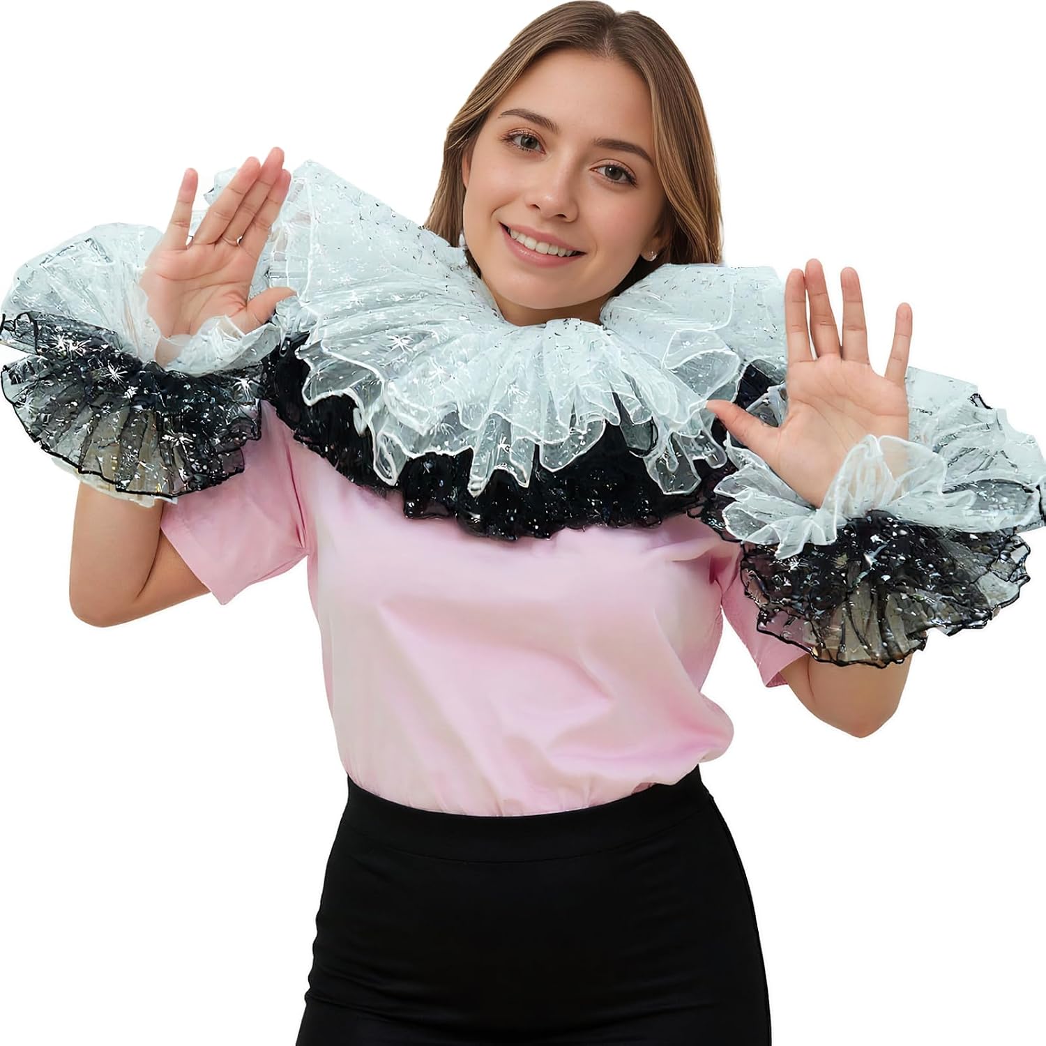 Renaissance Victorian Ruffle Collar and Wrist Cuffs Set Clown Neck Collar Layered Tulle Collar Cuffs