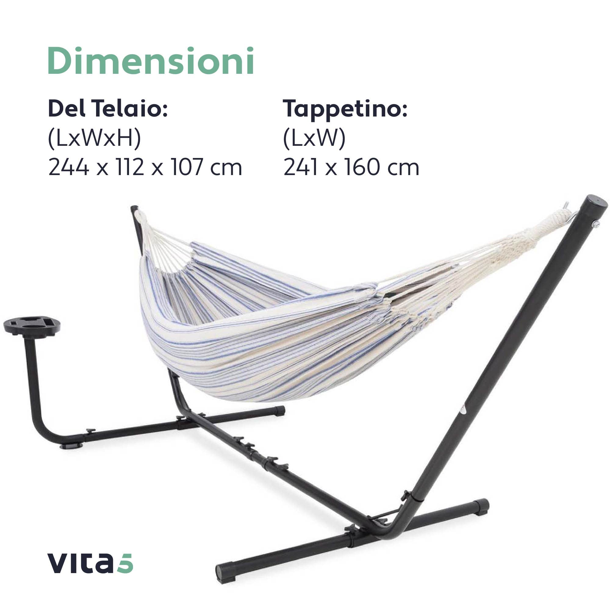 Vita5 Amaca con Supporto – Telaio Regolabile 290-330 cm – Ampia Amaca in 80% Cotone e 20% Poliestere per Giardino, Terrazza, Balcone e Campeggio – Portatile con Borsa per il Trasporto