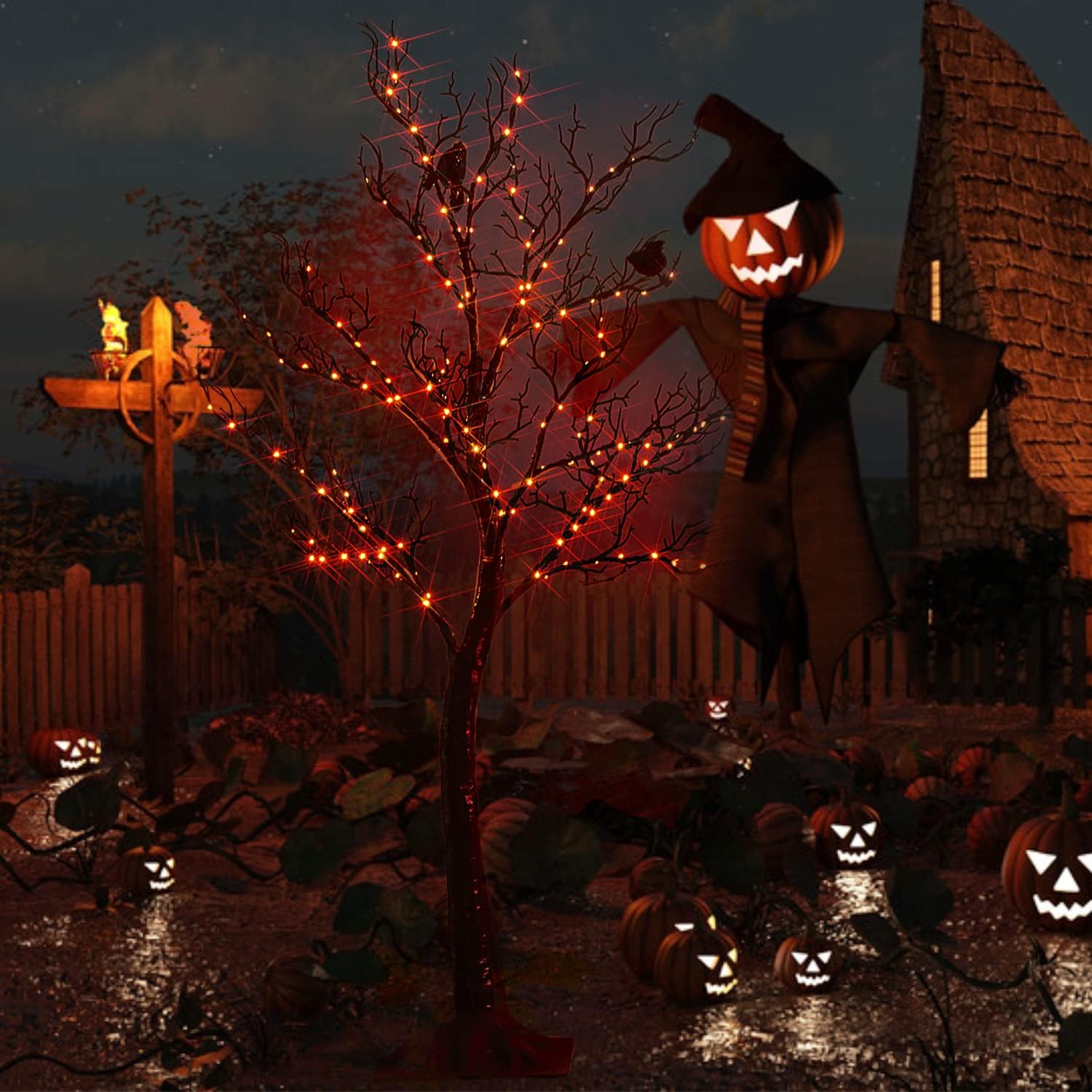 Fudios Lighted Black Halloween Trees with 150 Orange LED Fairy Lights 4FT Plug in, Spooky Halloween Tree Lights for Indoor Outdoor Home Party Decor