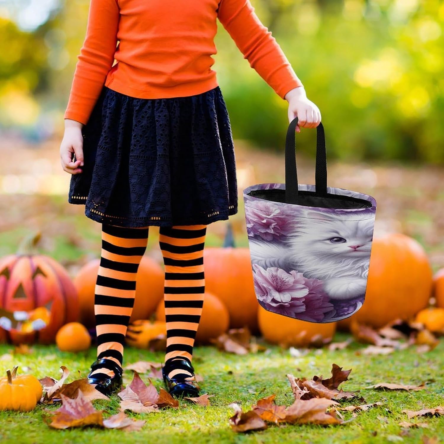 White Cat Flower Bushes Large Capacity Candy Bags, Halloween Basket image 2