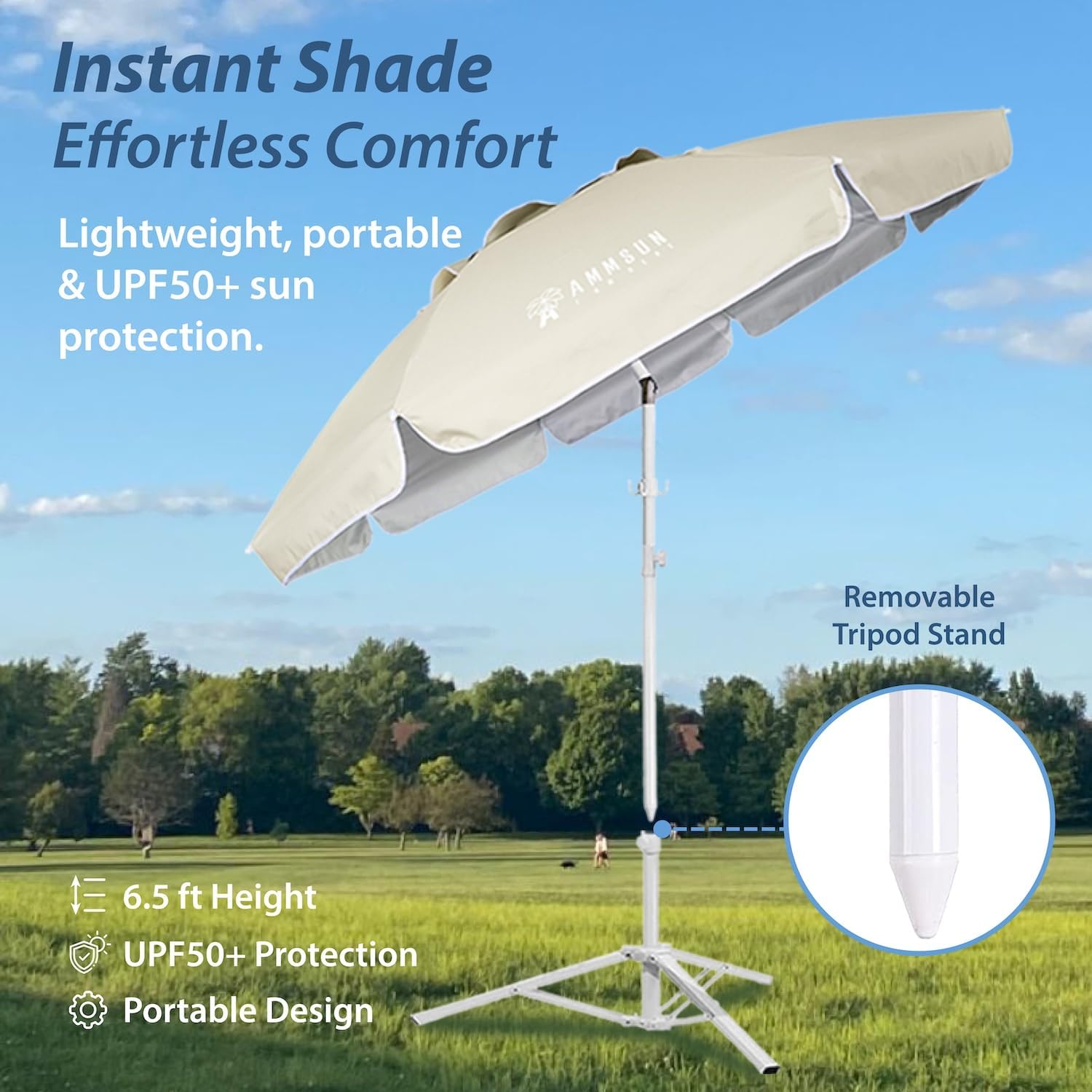 AMMSUN Shade Umbrella, Premium Portable Umbrella with Stand, 6.5ft Lightweight Free Standing Canopy for Sporting Games, Adjustable Instant Sun Protection and Easy to Carry, Beige - Image 3