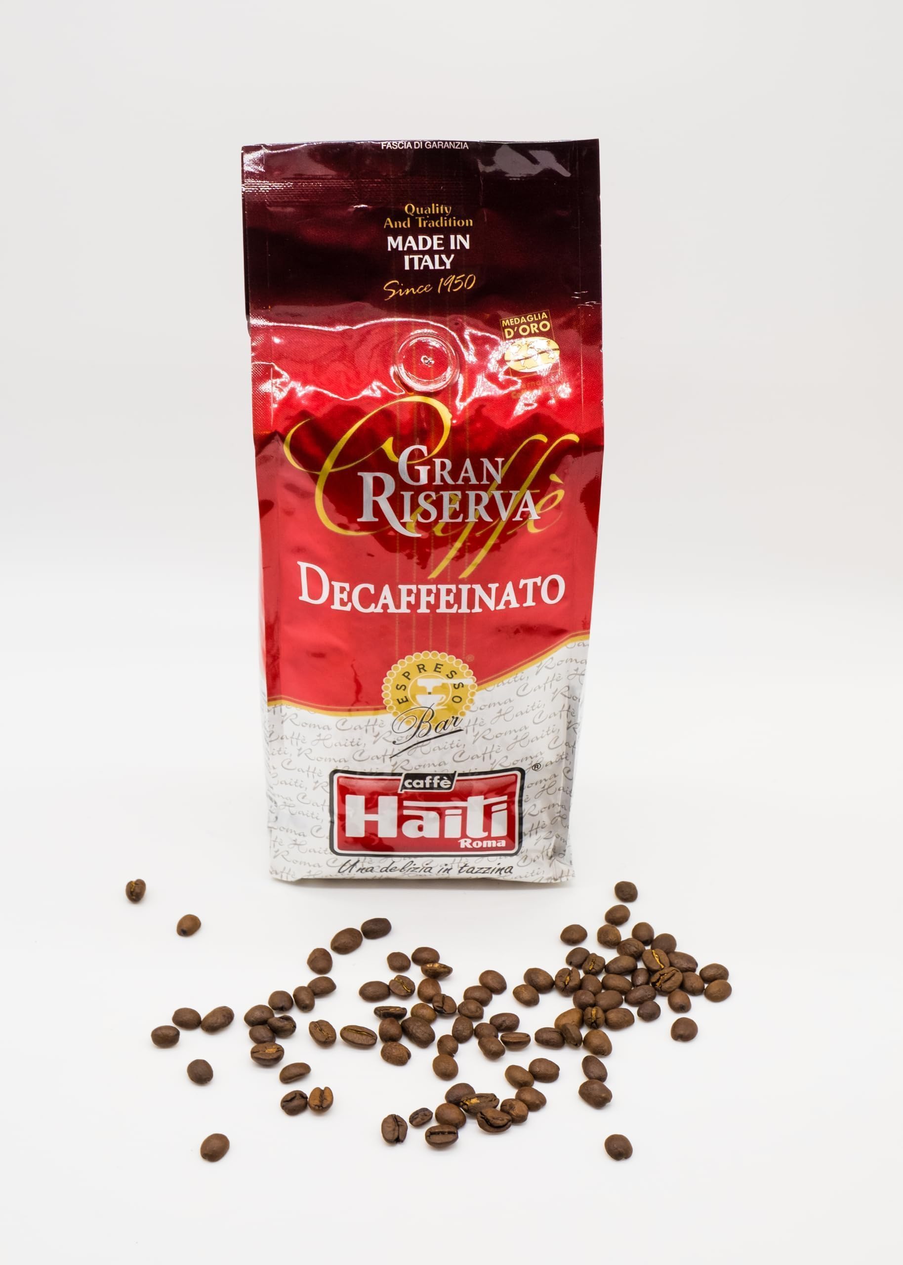 Caffè Haiti Roma Gran Riserva Café Espresso Descafeinado, Made in Italy, en grano en paquete de 2 x 500 g