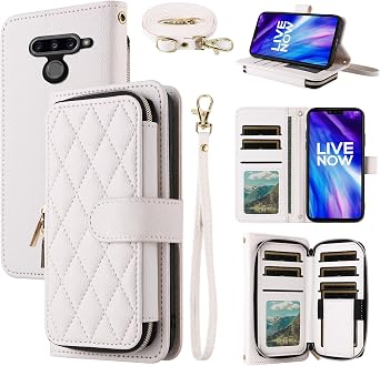 Argyle Wallet Case for LG V40 ThinQ with Wrist Strap Shoulder Strap, PU Leather Flip Credit Card Holder Cell Phone Cover for LGV40 Storm V 40 Thin Q V40ThinQ LG40 40V 40ThinQ Women Girls White
