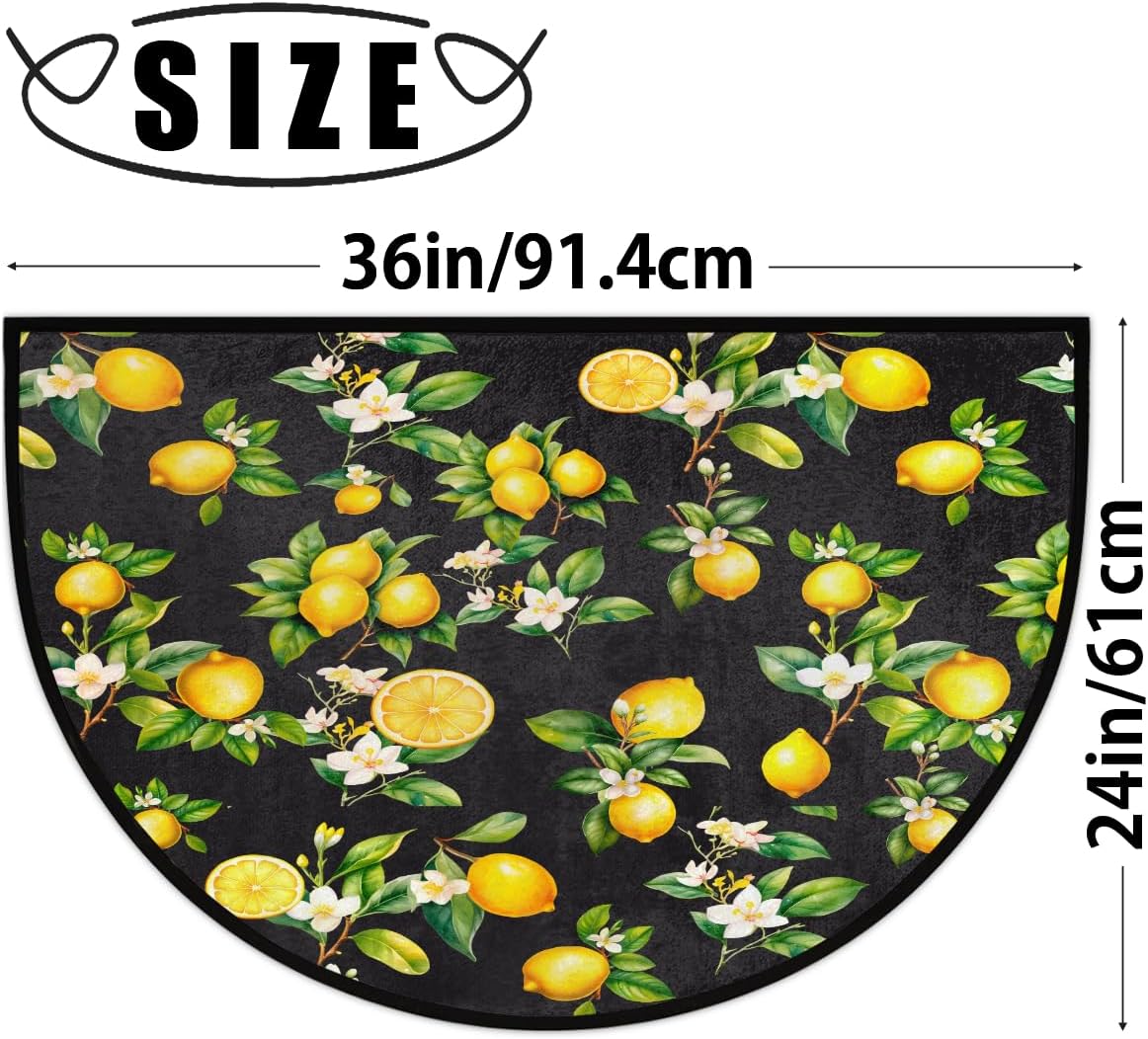 Half Round Door Mat Lemon Black Tropical Fruit Half Moon Rug Washable Half Circle Area Rugs Indoor Entrance Non Slip Semi Circle Bathroom Rugs Floor Carpet for Kithen Bedroom Fireplace Decor