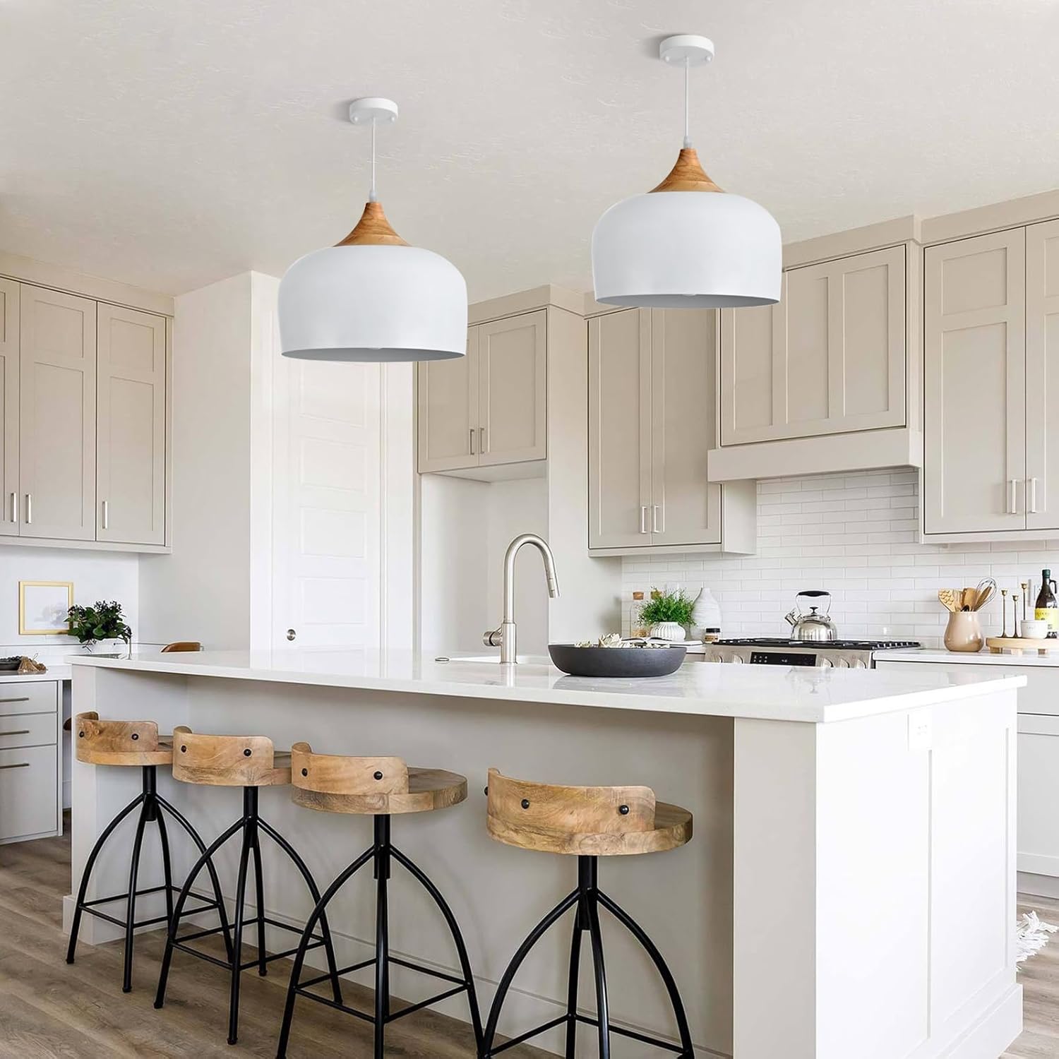 Modern Solid Wood Pendant Light,Ceiling Hanging Lamp with Dome Metal Shade,Adjustable Light Fixture for Kitchen Island,Dining Room- White