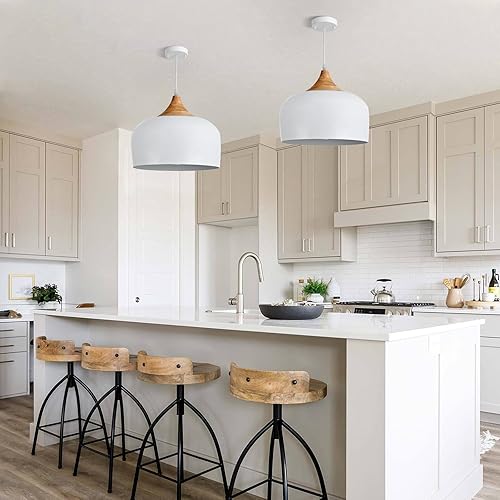 Miniatura 6 de Lámpara colgante moderna de madera maciza, lámpara colgante de techo con pantalla de metal cúpula, lámpara ajustable para isla de cocina, comedor,