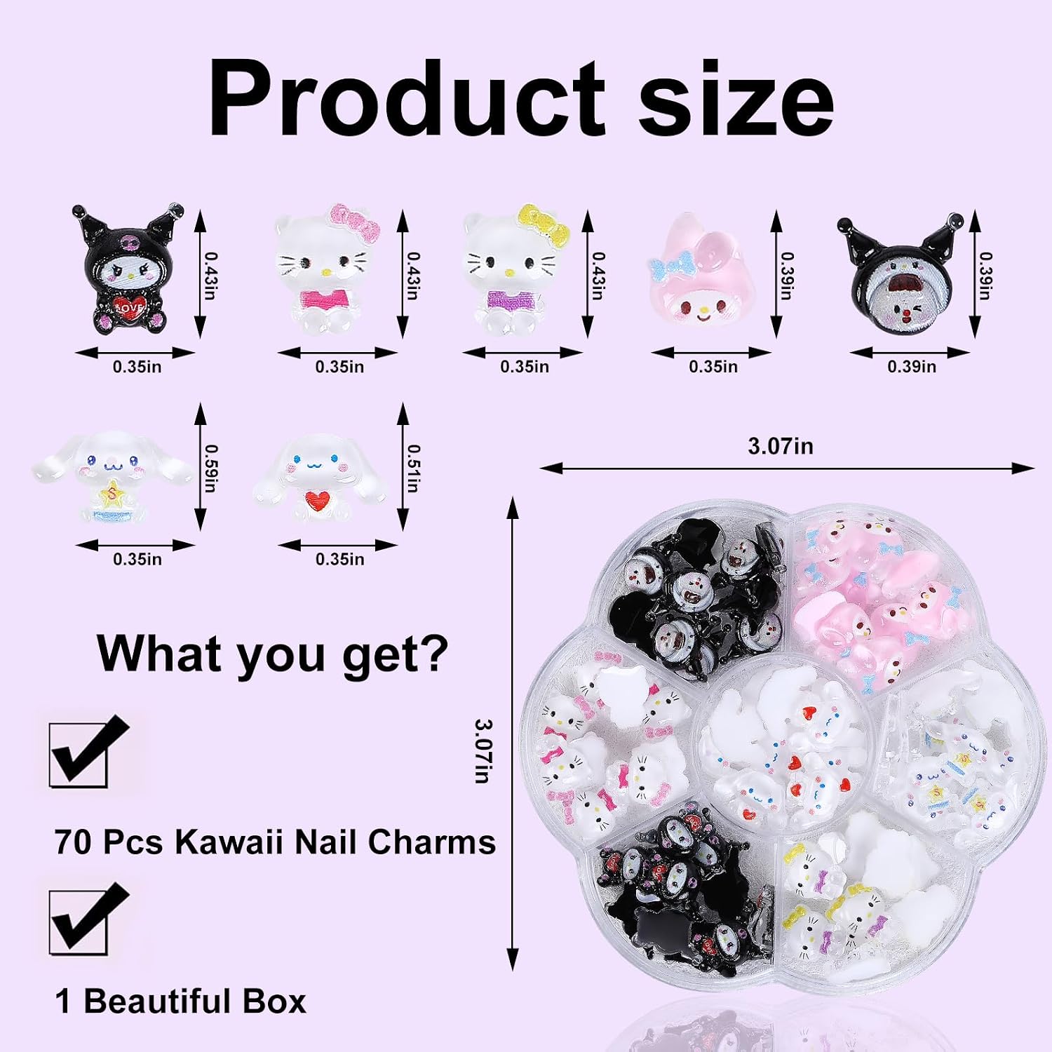 70Pcs Kawaii Nail Charms | 3D Cute Cartoon, Resin Flatback, 7 Styles, Storage Box Included, For Acrylic Nails DIY Crafts