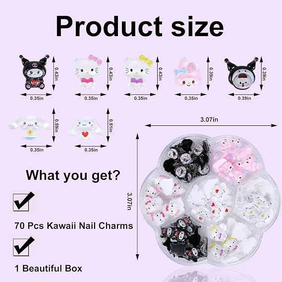 70Pcs Kawaii Nail Charms | 3D Cute Cartoon, Resin Flatback, 7 Styles, Storage Box Included, For Acrylic Nails DIY Crafts