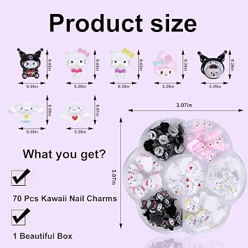 70Pcs Kawaii Nail Charms | 3D Cute Cartoon, Resin Flatback, 7 Styles, Storage Box Included, For Acrylic Nails DIY Crafts