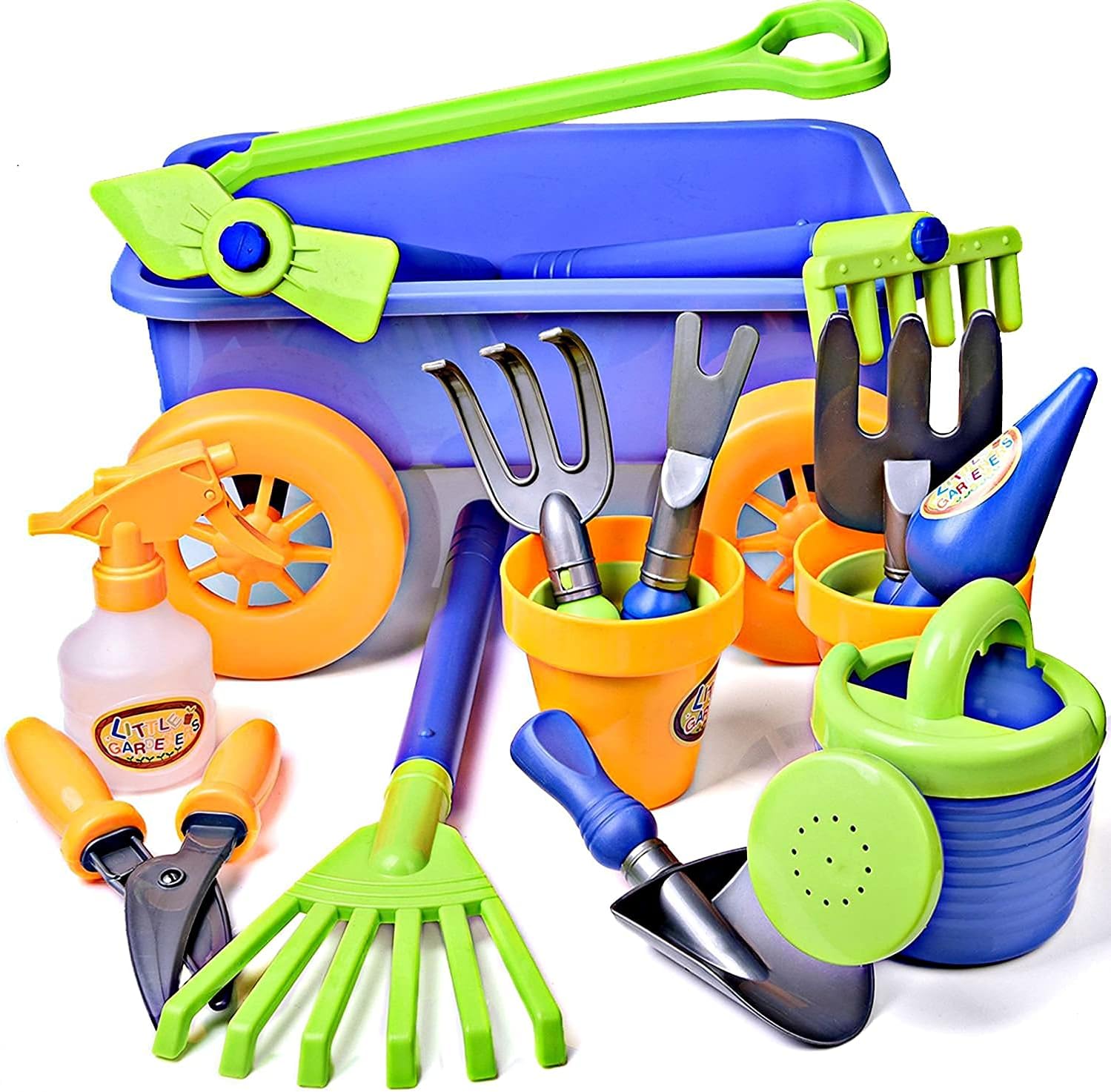 Dimple Garden Wagon & Tools Toy Set Premium 15 Piece Gardening Tools & Wagon Toy Set – Sturdy & Durable - Top Yd, Beach, Sand, Garden Toy - Great for Kids & Toddlers (Garden Toy Set), Green (2 Pack)