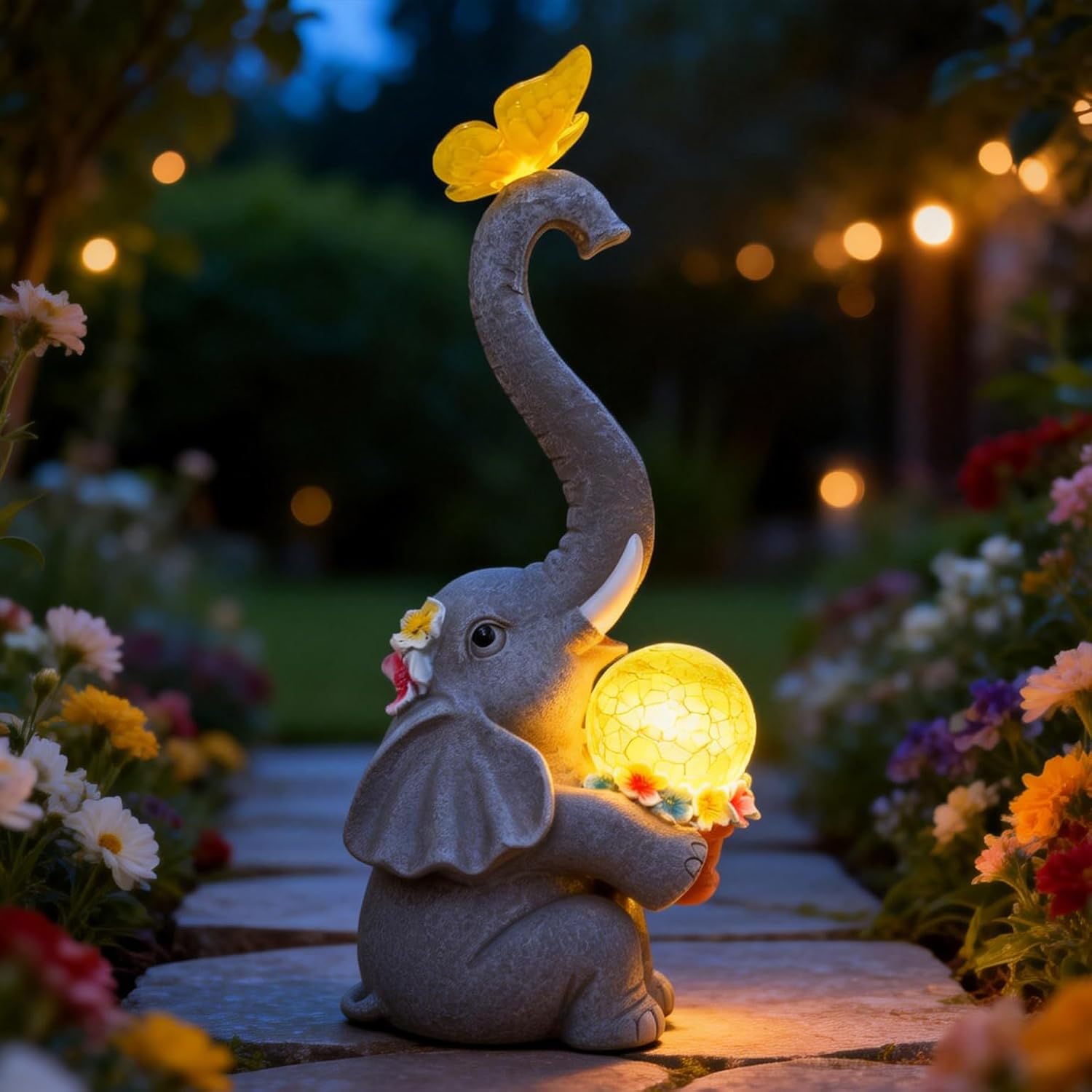 BeePeep Solar Elephant Garden Statues Decor Waterproof Figurine Resin Sculpture Gift for Mom Grandma, Outdoor Decorations for Porch Lawn Yard Home House Gardening Birthday Housewarming (Elephant)