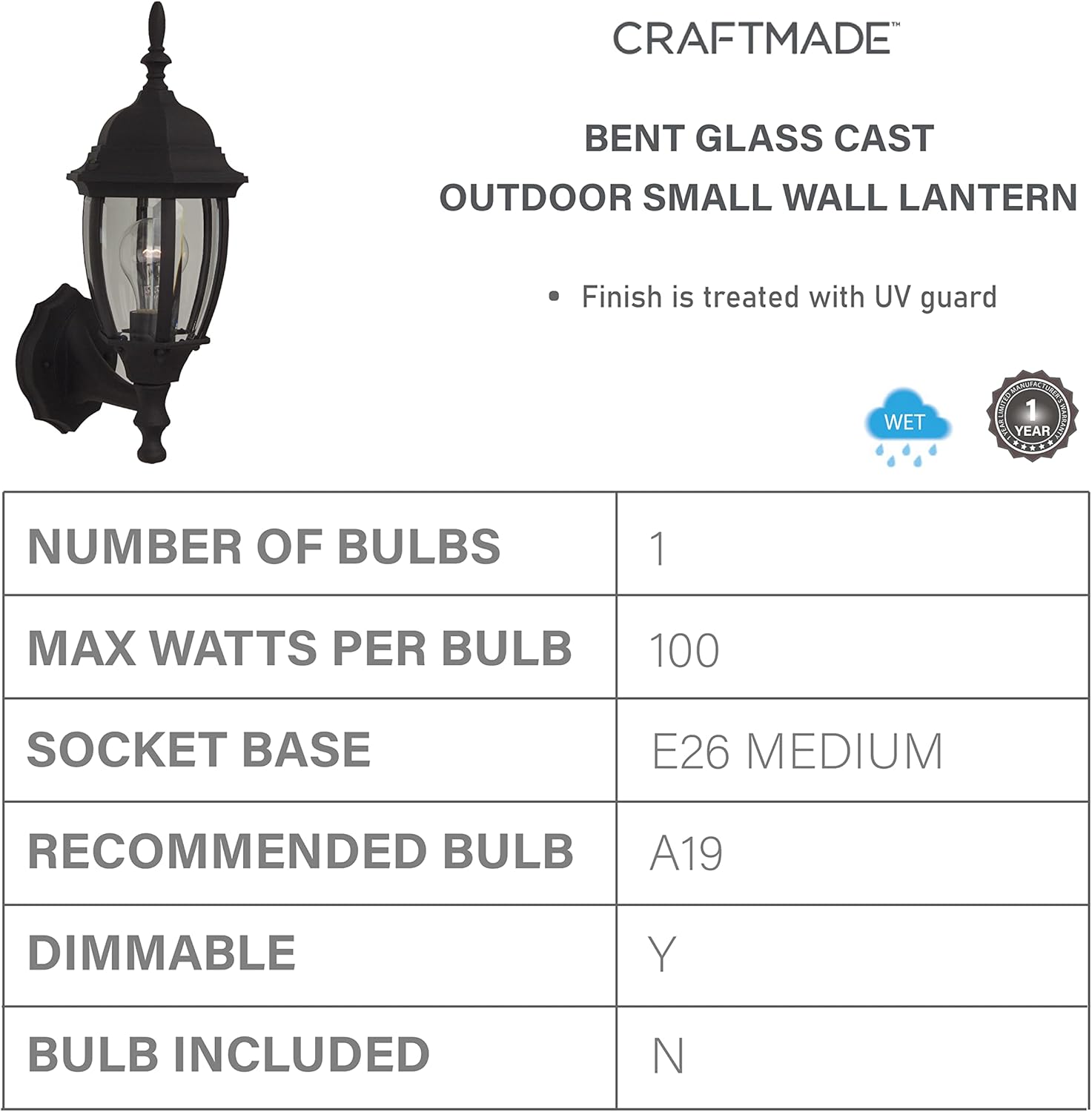 Craftmade Z260-TB Bent Glass Outdoor Wall Mount Sconce, 1-Light 100 Watt (7"W x 16"H), Matte Black