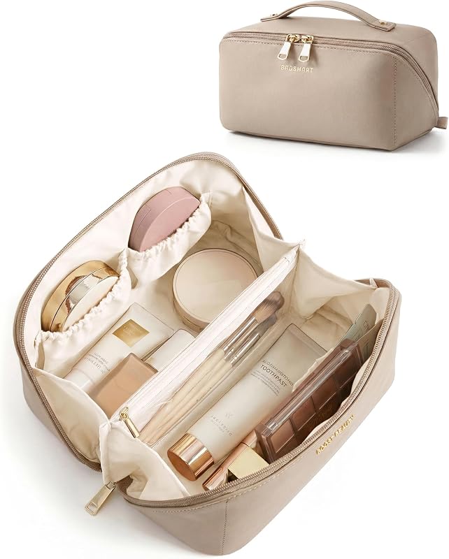 Necessaire de maquiagem BAGSMART com abertura plana, organizadora de cosméticos, Camel