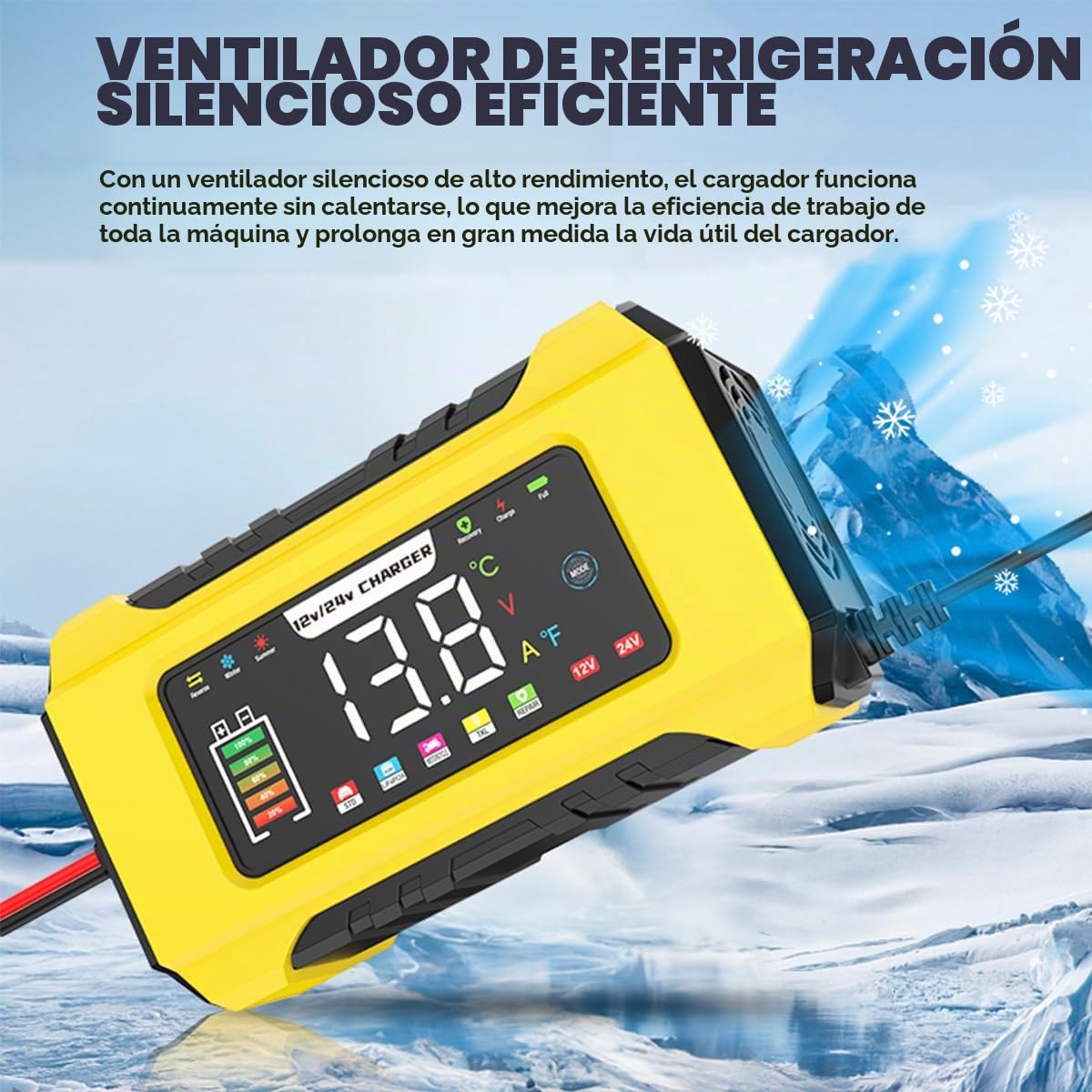 Cargador de batería de coche de 15 A, cargador inteligente automático de 12 V/24 V con compensación de temperatura de pantalla LCD para coche, AGM, gel, húmedo, SLA para baterías de plomo ácido y
