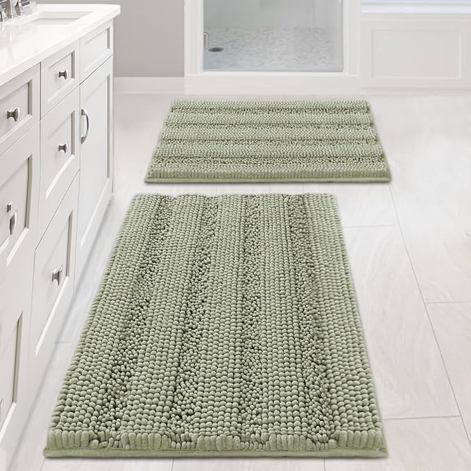 H.VERSAILTEX Bathroom Rug Sets 2 Piece Bath Mats Non Slip Thick Soft Chenille Striped Bath Rug achine Washable Shower Floor Rugs for Tub, Shower and Floor (Eucalyptus Green, 20"x32" Plus 20"x20" U)