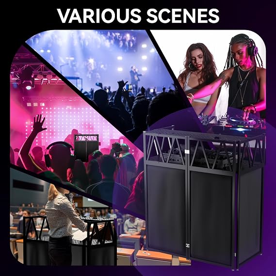 DJ Table Stand Portable DJ Booth,Heavy-Duty Foldable D J Facade Booth with Black & White Scrim All-Metal with Cable Hole and Carry Bag, for Parties,Events,Small Studios